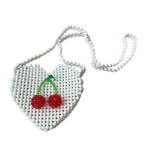 Susan Alexandra | White Beaded Heart Shaped Shoulder Bag with Cherries